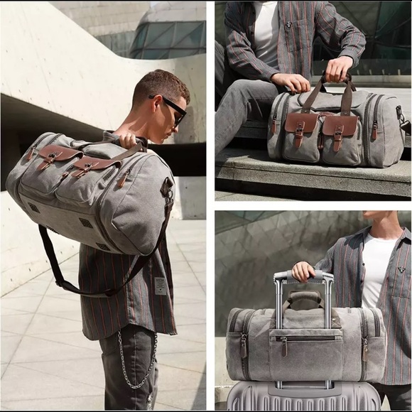 Gray Canvas and Leather Large Duffle Bag